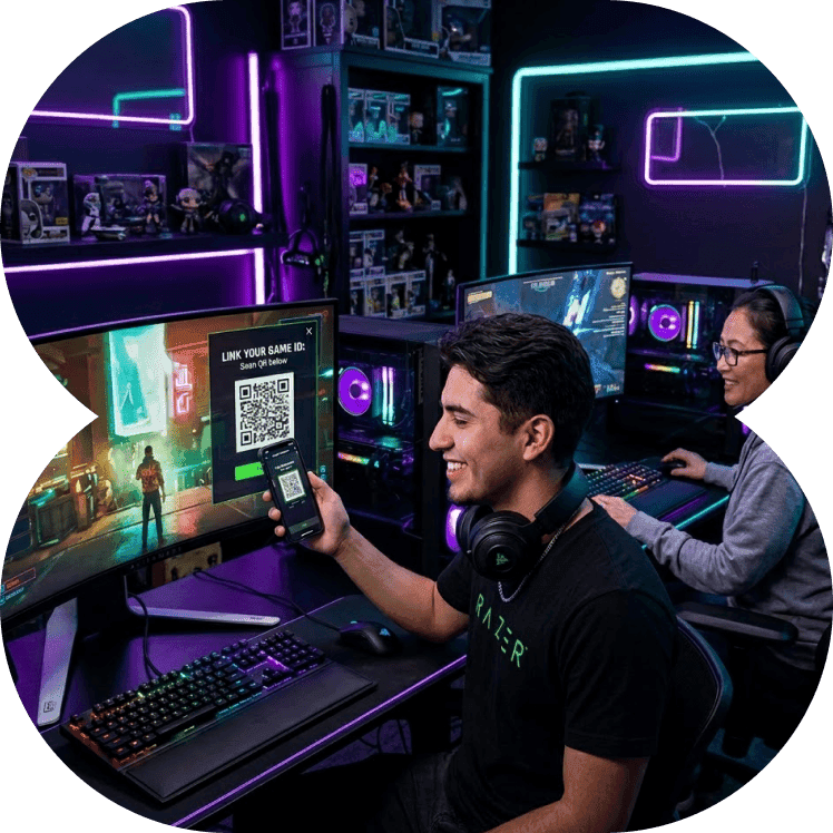 Two young players at a gaming setup verifying their identity on a phone